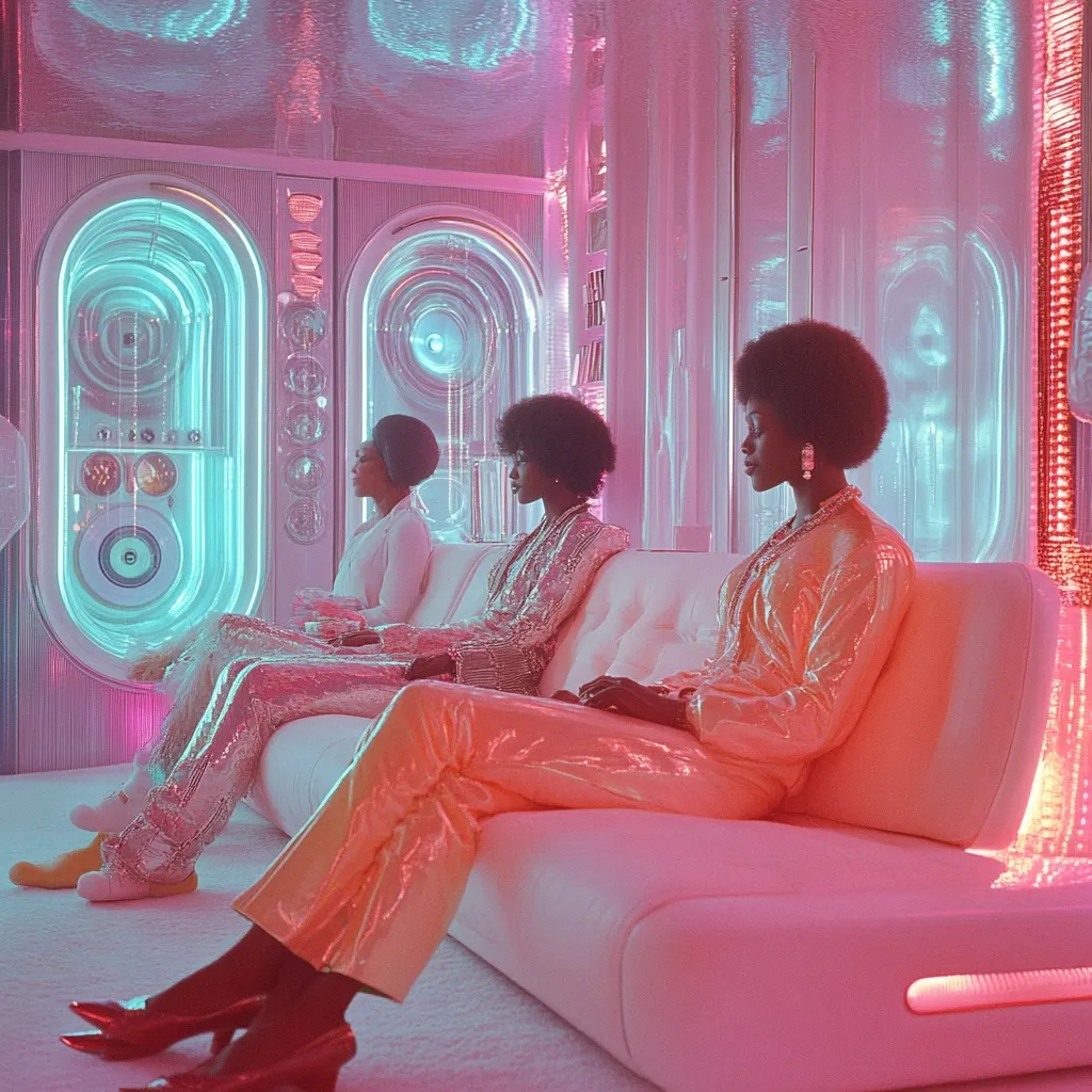 Three Black women in shimmering, pastel orange pantsuits sit on a pink, futuristic sofa.  The room is bathed in neon pink and teal light, featuring sleek, rounded furniture and illuminated glass panels.  The overall aesthetic is retro-futuristic and glamorous, reminiscent of science fiction films. The women exude a calm and poised demeanor.