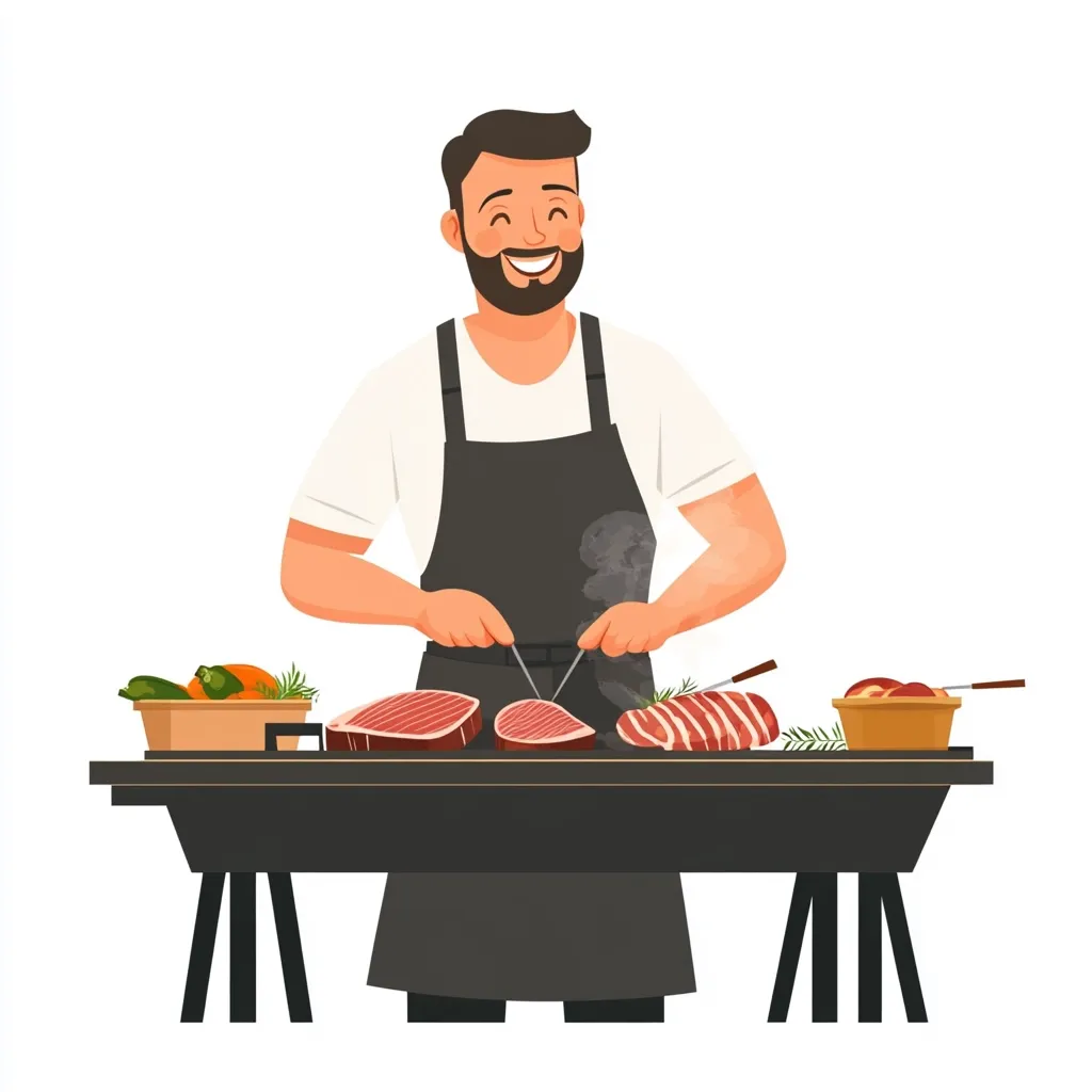 A cheerful, bearded man, wearing a dark apron, stands behind a grilling table. He is skillfully slicing large pieces of raw meat, preparing them for cooking.  A bowl of vegetables and another container with food are on the table.  The scene is bright and cheerful, suggesting a fun outdoor cooking event.