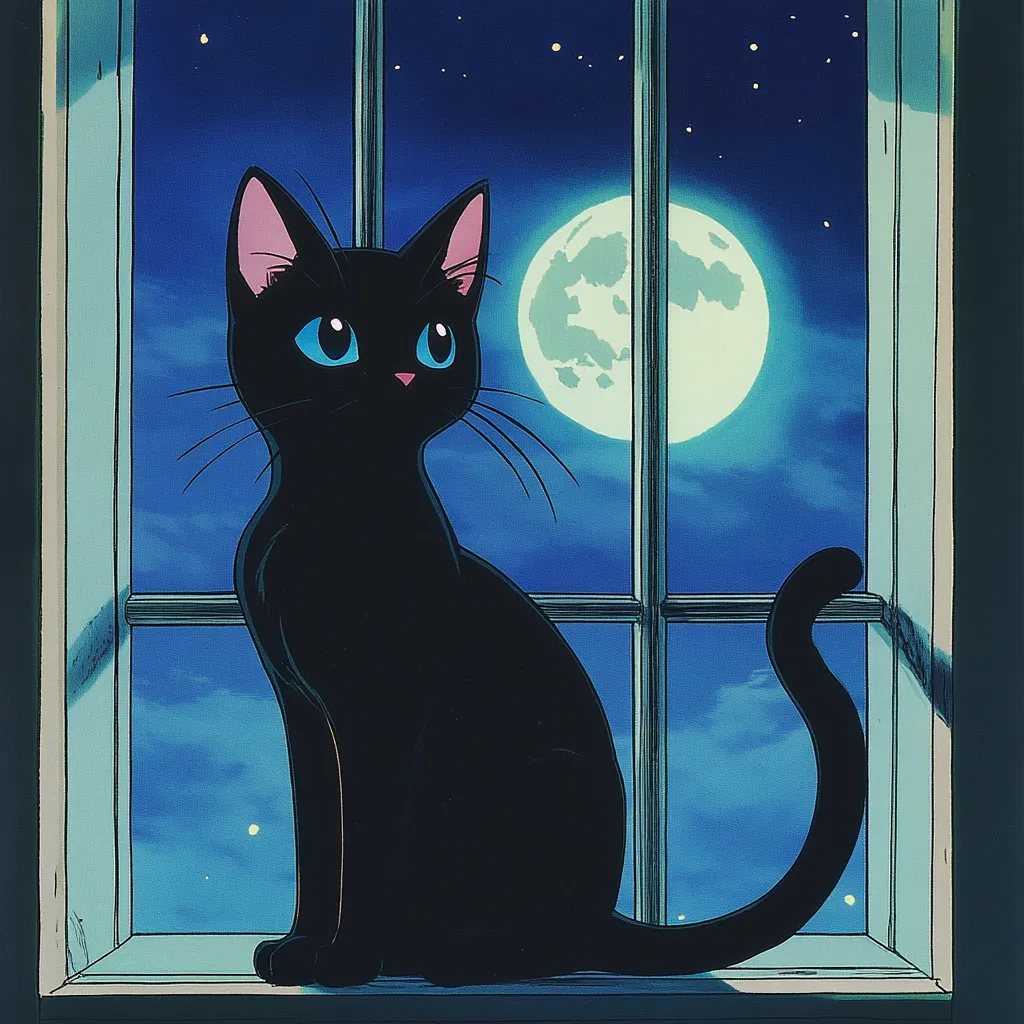 A black cat with bright blue eyes sits on a windowsill, gazing out at a large, bright moon in a twilight sky.  The scene is rendered in a soft, nostalgic anime style, with a muted blue color palette and a few twinkling stars visible. The cat's posture is relaxed, yet attentive, creating a serene and whimsical mood.