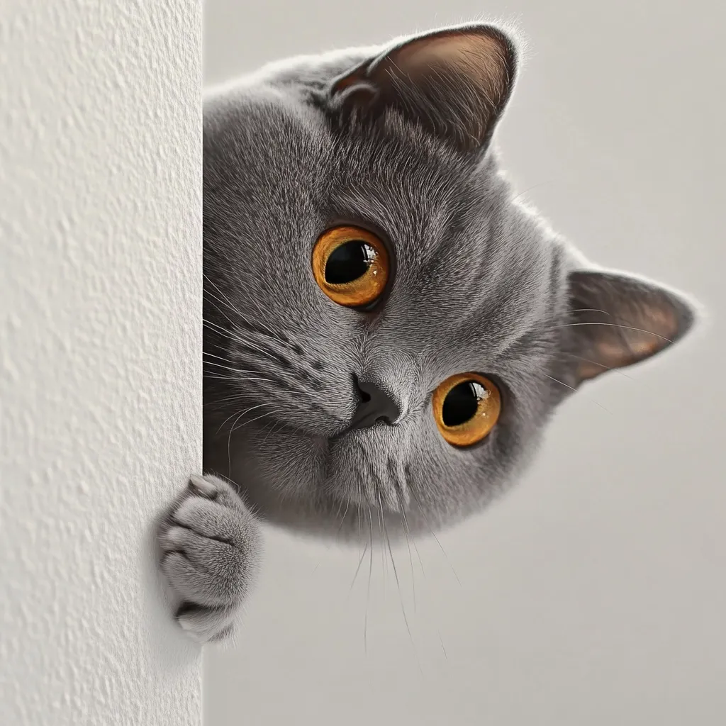 A gray British Shorthair cat with striking orange eyes peeks from behind a white wall.  Its fluffy paws grip the edge, its head tilted inquisitively. The cat's expression is curious and engaging, its gaze directly at the viewer.  The background is softly blurred, drawing focus to the cat's adorable features.