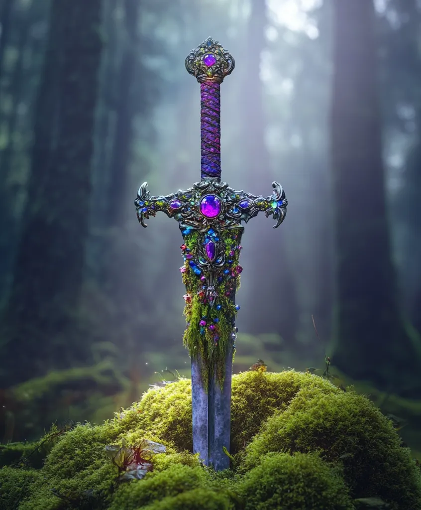 An ornate sword, adorned with vibrant purple, green, and blue jewels, is embedded in a mossy mound within a mystical forest. The blade's hilt is intricately designed, and the overall aesthetic suggests a magical or enchanted artifact.  The background is blurred, focusing attention on the sword, which appears to be a centerpiece in a scene of quiet, enchanting beauty. The atmosphere is serene and mysterious.