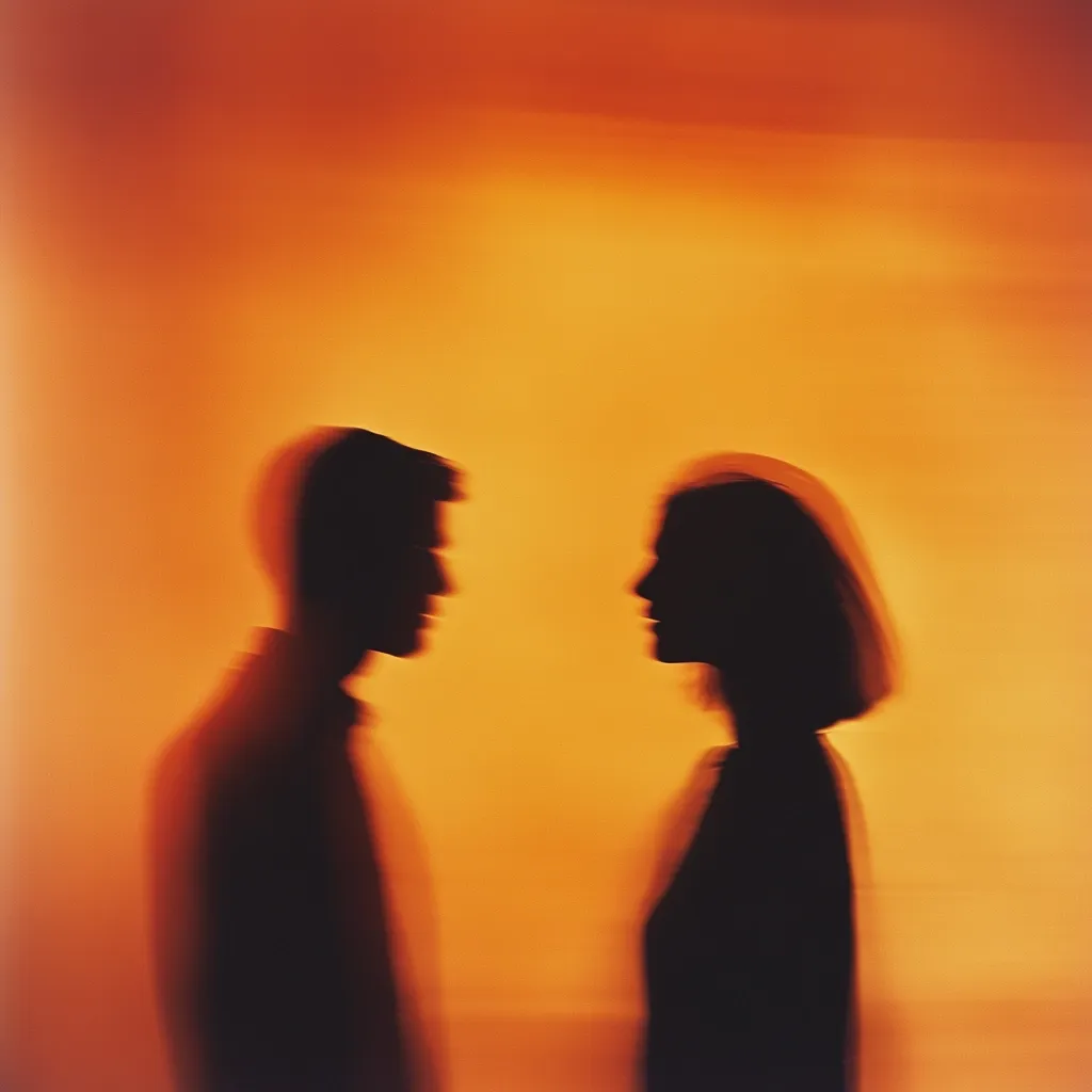 Two silhouetted figures, a man and a woman, stand facing each other against a vibrant orange backdrop.  Their forms are blurred, creating a dreamy, ethereal effect.  The warm, intense color of the background contrasts with the dark silhouettes, emphasizing the intimacy of the moment. The image evokes feelings of romance and mystery.