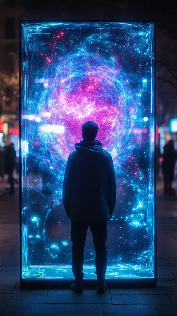 A person stands silhouetted before a large, transparent cube filled with a vibrant, swirling nebula of blue and pink light. The cube is situated on a city street at night, with blurred city lights and pedestrians visible in the background.  The scene evokes a sense of wonder and mystery, suggesting a connection between the individual and the cosmic display.