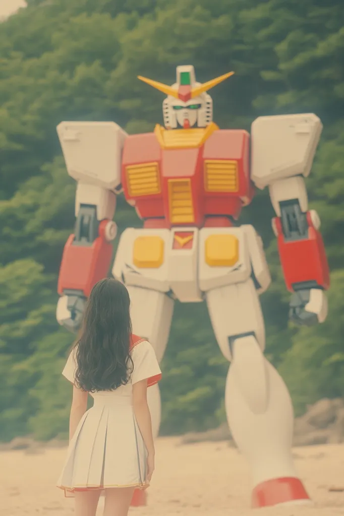 A young girl in a white sailor dress stands on a sandy beach, her back to the viewer.  She faces a colossal, retro-styled mecha robot, predominantly white, red, and yellow. The robot looms over her, its size dwarfing the girl. The background is blurred, showing a lush green forest. The overall aesthetic is nostalgic and whimsical.