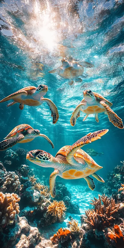 A vibrant underwater scene showcases five sea turtles gracefully swimming amidst a colorful coral reef. Sunlight streams from above, illuminating the crystal-clear water. The turtles, with their intricate shell patterns, appear healthy and serene.  The coral displays a variety of textures and hues, creating a breathtakingly beautiful and diverse marine ecosystem.