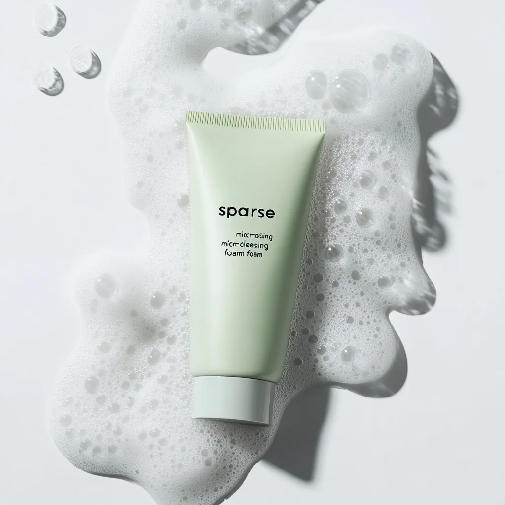 A tube of Sparse micro-cleansing foam foam sits nestled in a pool of white foam. The light green tube features the brand name and product description.  The image is clean and minimalist, highlighting the product against a bright white background.  The foam suggests a luxurious and effective cleansing experience.