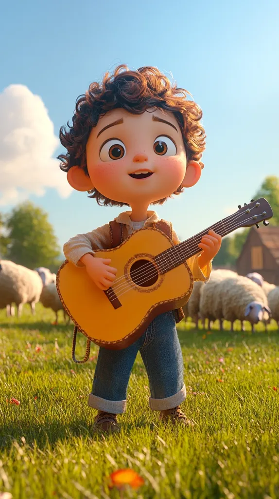 A charming, curly-haired cartoon boy, dressed in denim overalls, joyfully strums a yellow acoustic guitar.  He stands in a sunlit grassy field, a flock of sheep peacefully grazing in the background. The scene evokes a sense of innocent rural joy and musical talent.  The boy's large eyes and expressive face add to his endearing charm.
