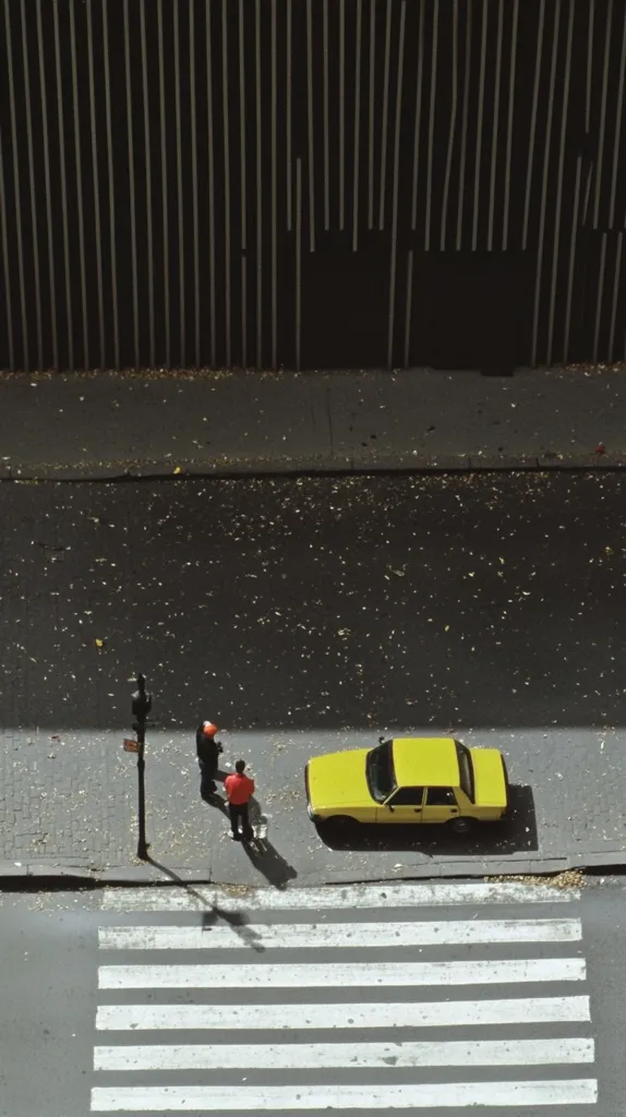 High-angle view of a city street scene. A bright yellow car is parked near a crosswalk. Two people stand near the car, their shadows cast long on the pavement.  A tall, dark building with vertical lines forms the backdrop. Scattered autumn leaves are visible on the street. The overall atmosphere is calm and quiet.