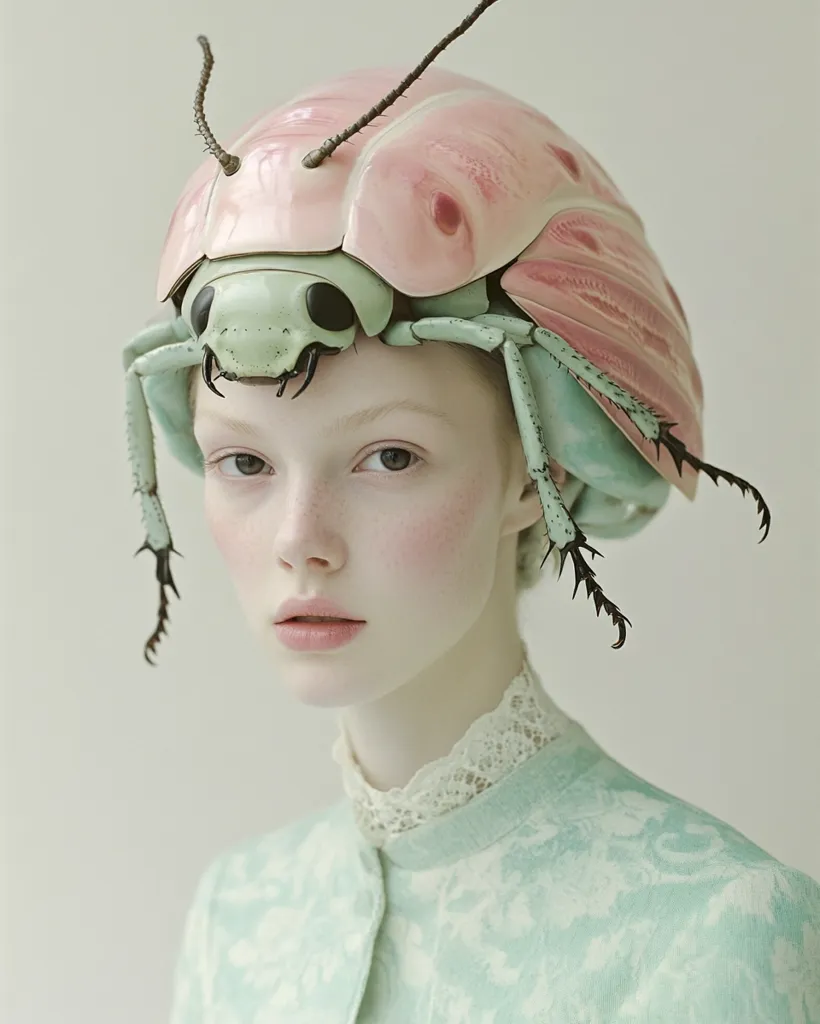 A pale young woman wears a delicate, pastel-colored insect headdress resembling a large ladybug.  The headdress is intricately detailed, with spindly legs extending down her shoulders. She is dressed in a light mint green, floral-patterned jacket with a lace collar, creating a surreal and ethereal aesthetic.  The overall tone is soft and dreamy.