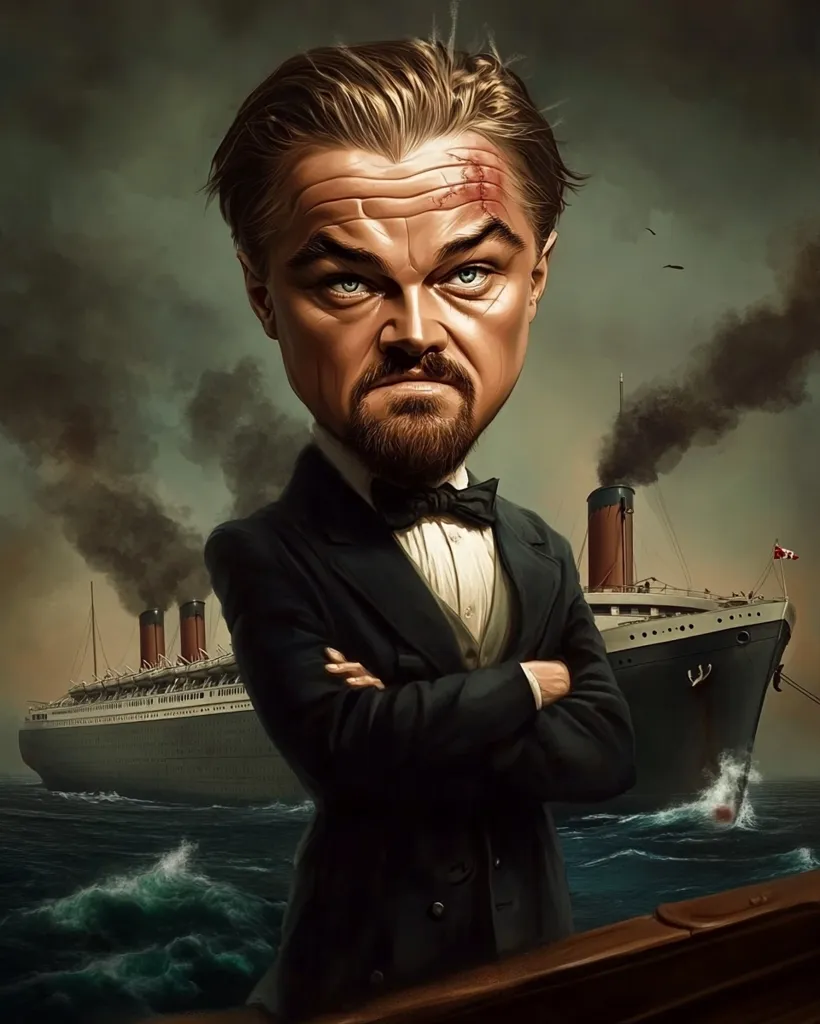 A caricature of Leonardo DiCaprio, styled as his character Jack Dawson from Titanic, is depicted.  He stands with arms crossed, wearing a formal suit and bow tie, a small scar visible on his forehead.  In the background, the RMS Titanic steams across a dark, turbulent sea, creating a dramatic and evocative image. The artwork is rich in detail and uses dark, moody colors.
