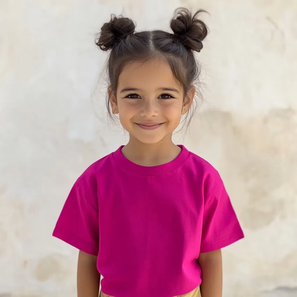 A young girl with dark hair styled in two topknots smiles at the camera. She's wearing a vibrant fuchsia short-sleeved t-shirt.  Her expression is cheerful and her eyes sparkle. The background is a textured, off-white wall.  The overall image is bright and conveys a sense of youthful joy.