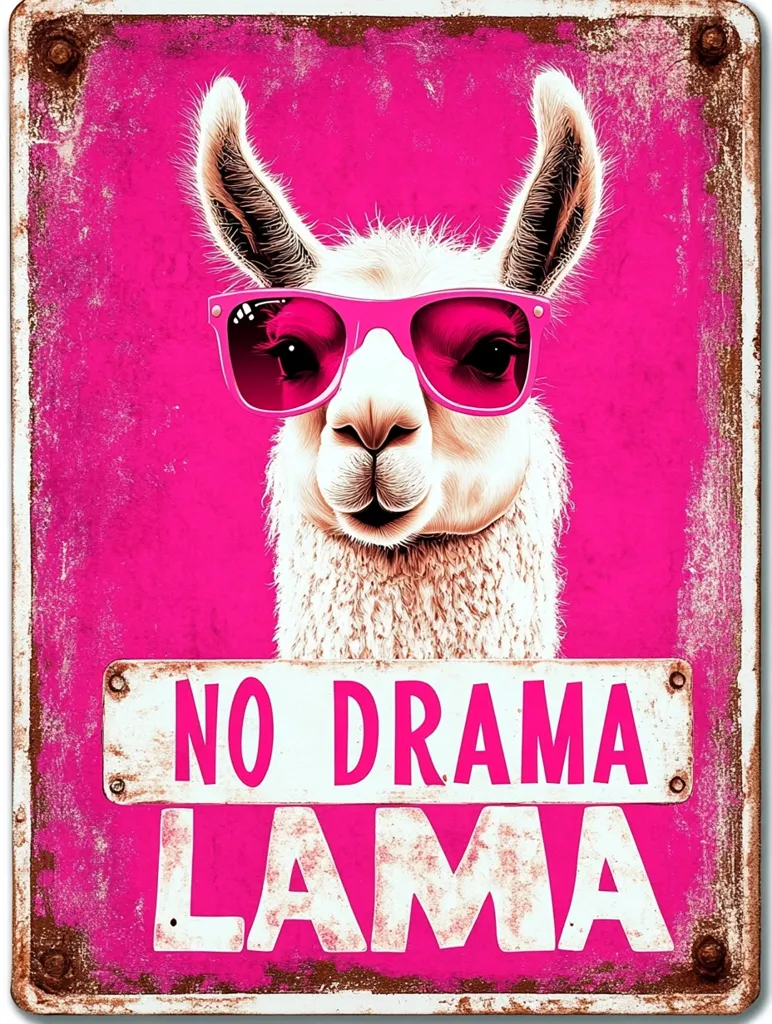 A vibrant pink metal sign features a llama wearing pink sunglasses.  The sign's distressed, rusty edges add a vintage feel.  Bold white lettering proclaims "NO DRAMA LAMA," a playful message emphasizing calmness and a lack of conflict. The image is cheerful and humorous, ideal for adding a touch of quirky decoration to any space.