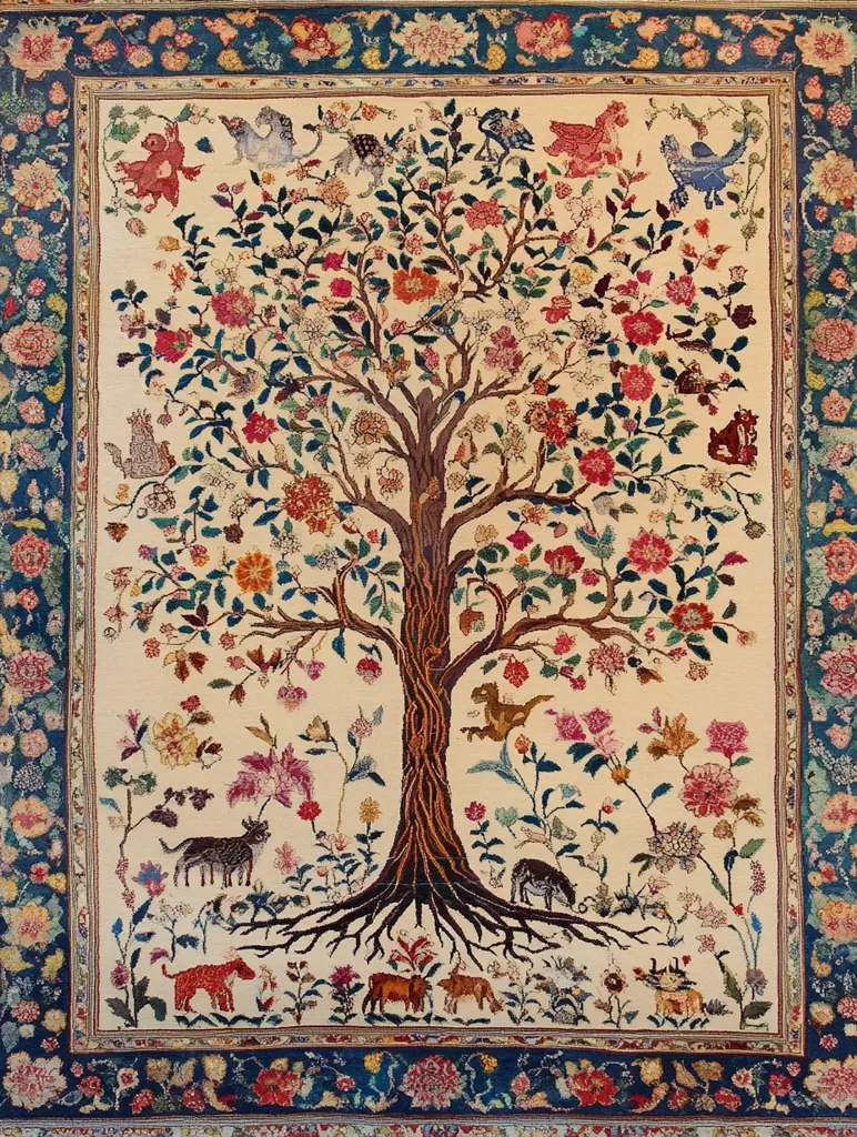 A detailed rug features a central tree of life motif, blossoming with vibrant flowers and surrounded by various animals.  The cream-colored field is richly decorated with intricate floral patterns.  The border showcases a rich blue with floral and geometric designs, creating a striking contrast.  The overall style suggests a traditional Persian or Middle Eastern design, showcasing meticulous craftsmanship.