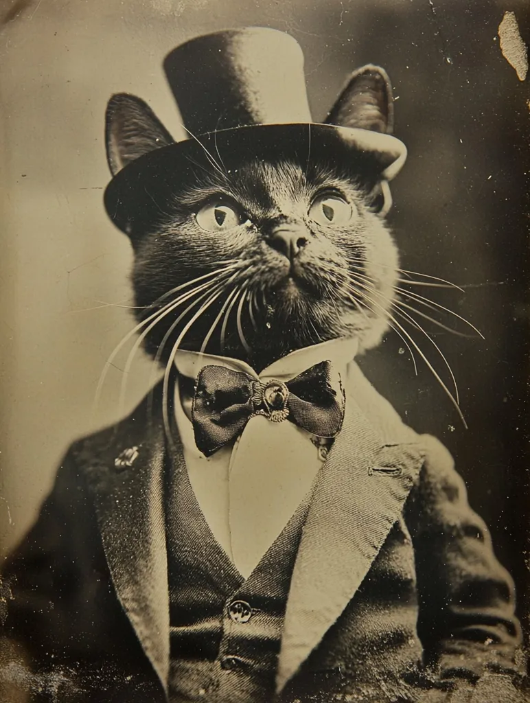 A sepia-toned photograph depicts a black cat elegantly dressed in a top hat, bow tie, and waistcoat.  The cat's serious expression and formal attire create a humorous juxtaposition.  The image's style evokes a vintage or antique feel, possibly mimicking an old-fashioned portrait.  The texture of the photo suggests age and wear, adding to its charm.