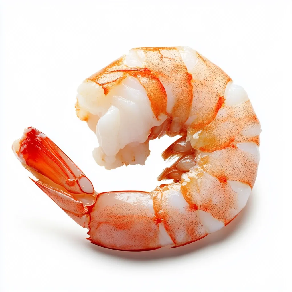 A single, cooked shrimp is presented against a stark white background.  The shrimp is curled, showcasing its translucent, pinkish-orange flesh and segmented body.  The texture appears smooth and moist, highlighting the detail of the shell's delicate structure. The lighting accentuates the shrimp's color and form, making it visually appealing.