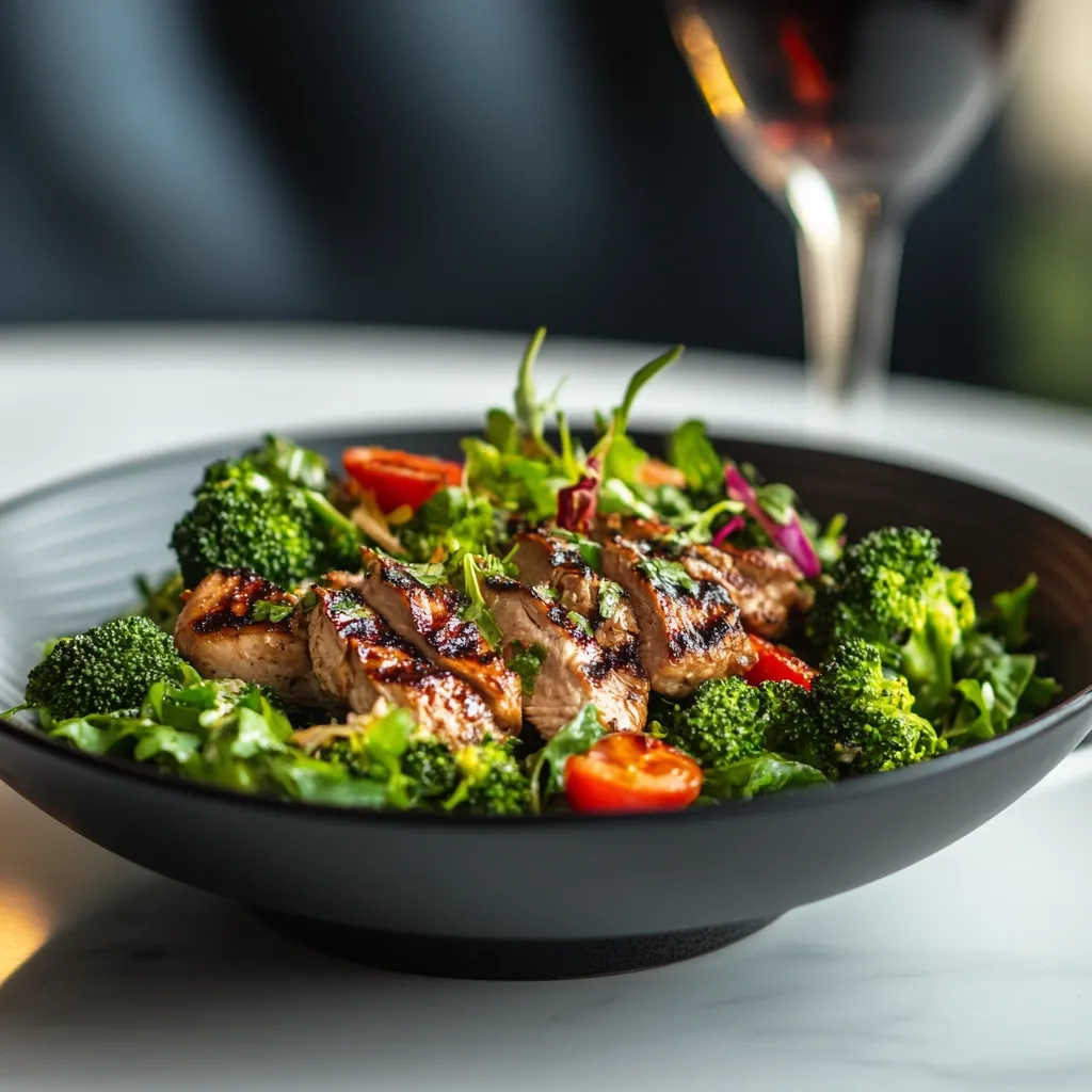 A vibrant salad is presented in a sleek black bowl.  Grilled chicken slices are the centerpiece, nestled amongst fresh broccoli florets, mixed greens, cherry tomatoes, and a light herb dressing.  The shallow depth of field emphasizes the textures and colors of the ingredients, suggesting a healthy and flavorful meal. A glass of red wine is blurred in the background, hinting at a sophisticated dining setting.