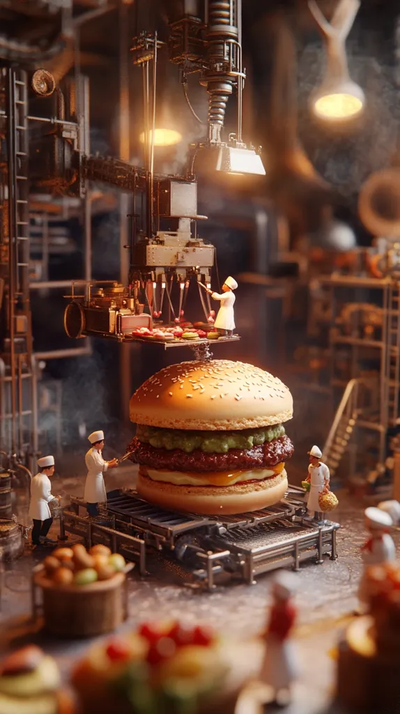 A miniature scene depicts a colossal hamburger being assembled by tiny chefs on a complex, steampunk-inspired contraption.  The intricate machinery processes ingredients, culminating in the towering burger.  Surrounding the main action, miniature chefs and bakers work amidst a bustling, industrial-style kitchen setting.  The overall image is a striking blend of fantasy and food, creating a whimsical and visually rich composition.