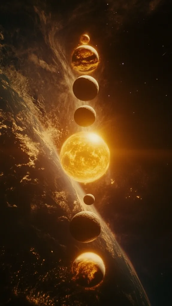 A vibrant cosmic scene unfolds, showcasing a radiant sun at the center, surrounded by a vertical alignment of celestial bodies.  Smaller planets or moons orbit around the sun, creating a visually striking spectacle against the backdrop of a dark, star-studded sky and a partially visible planet below. The warm, golden hues dominate the image, creating a sense of intense energy and celestial wonder.