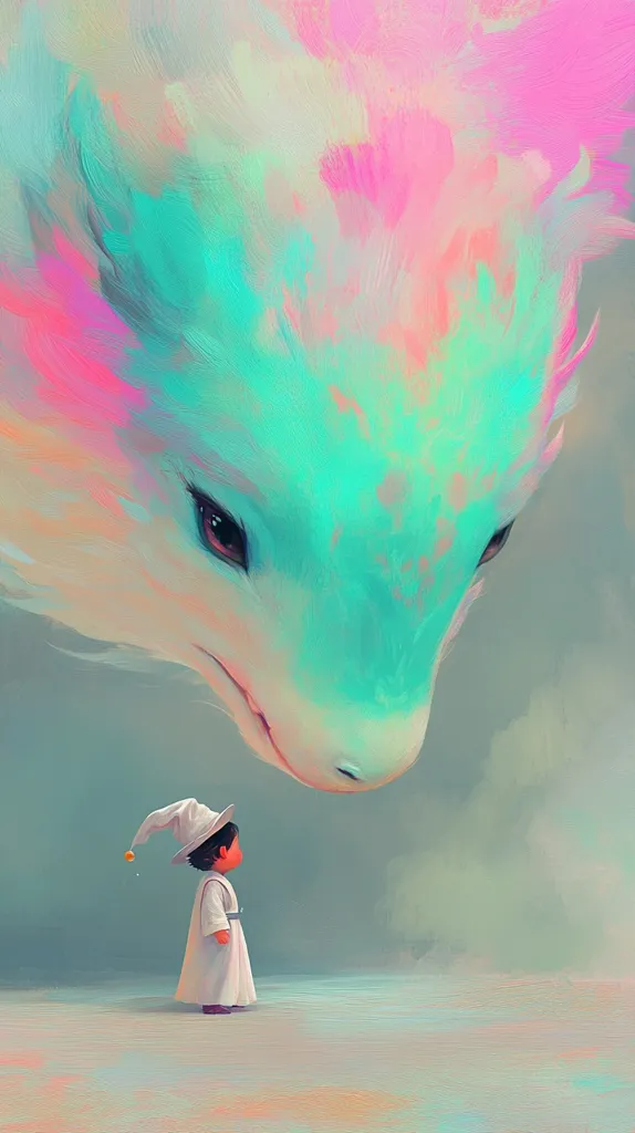 A whimsical digital painting depicts a small child in a white robe and pointed hat gazing up at a massive, pastel-colored dragon.  The dragon's head fills most of the upper frame, its soft, iridescent hues contrasting with the child's simple attire. The style is dreamlike and ethereal, with a soft, painterly texture.  The scene evokes a sense of wonder and gentle interaction between the miniature human and the colossal creature.