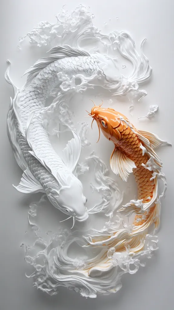 A stunning artwork depicts two koi fish, one white and one orange, seemingly swimming in a swirling, sculpted wave of white.  The fish are intricately detailed, appearing three-dimensional, with a highly textured, almost creamy, appearance. The contrast between the white and orange koi creates a visually striking piece, suggestive of balance and harmony. The white background emphasizes the sculptural quality of the piece.