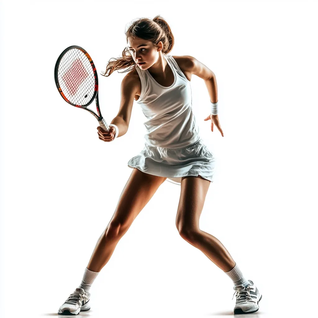 A female tennis player in a white dress is dynamically captured mid-swing.  Her focused expression and poised body demonstrate athleticism and skill.  The image is a high-contrast silhouette against a white background, highlighting her form and the trajectory of her racket.  Her athletic build and powerful stance suggest a strong and competitive player.
