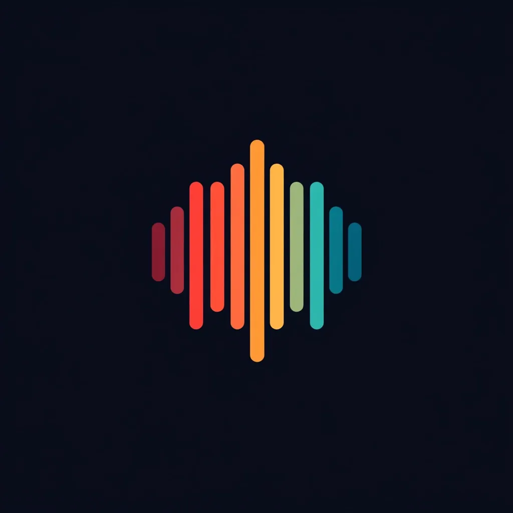 A vibrant, stylized sound wave graphic is presented against a dark background.  The wave is composed of vertical bars, each subtly varying in color, progressing smoothly from deep red to teal.  The graphic is symmetrical, resembling a stylized equalizer or audio visualizer. The overall aesthetic is modern and minimalist.
