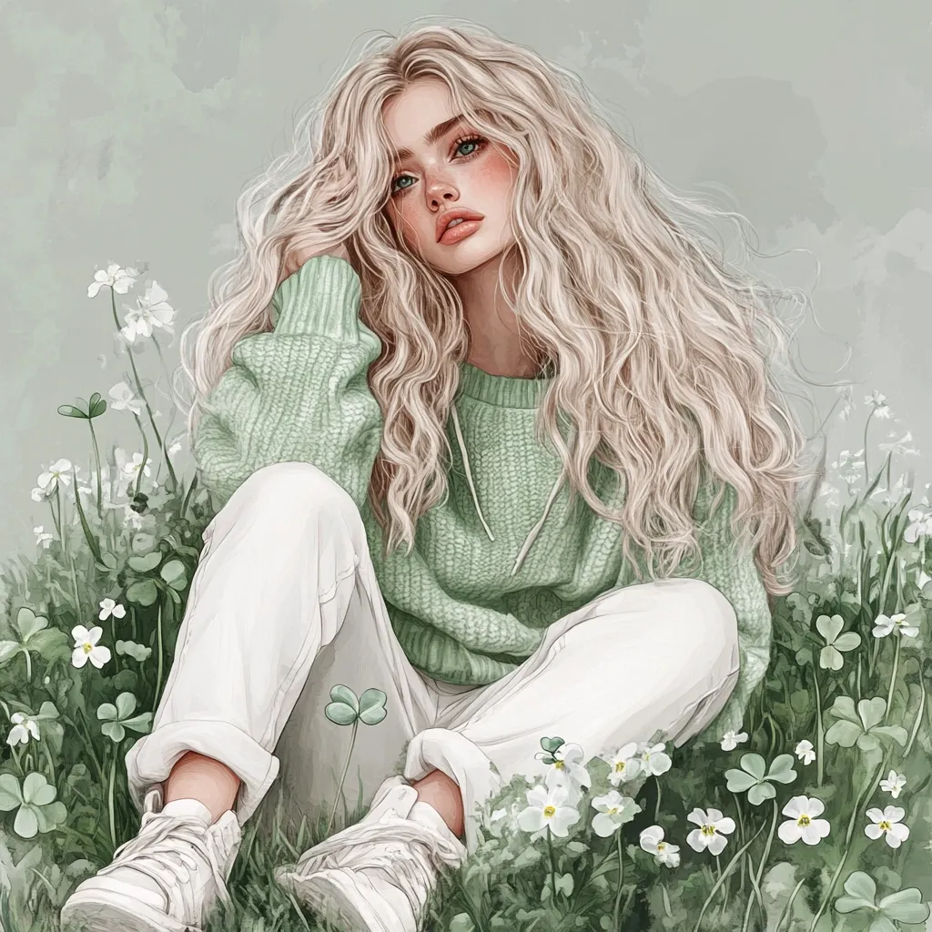 A digital painting of a young woman with long blonde hair, wearing a pale green sweater and white pants.  She sits amidst a field of white flowers and clover, her expression serene and thoughtful.  The overall style is soft and ethereal, with pastel colors and a dreamy atmosphere.  Her white sneakers complete the gentle, peaceful scene.