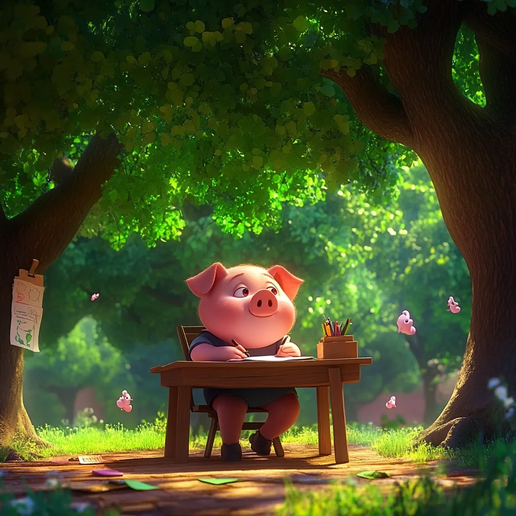 A charming illustration depicts a piglet seated at a small wooden desk beneath the shade of large trees in a lush green park.  The piglet is engrossed in writing or drawing, with colored pencils and a drawing nearby.  Small, pink creatures flutter playfully around, adding to the whimsical scene's serene atmosphere.  Sunlight filters through the leaves, creating a peaceful and idyllic setting.