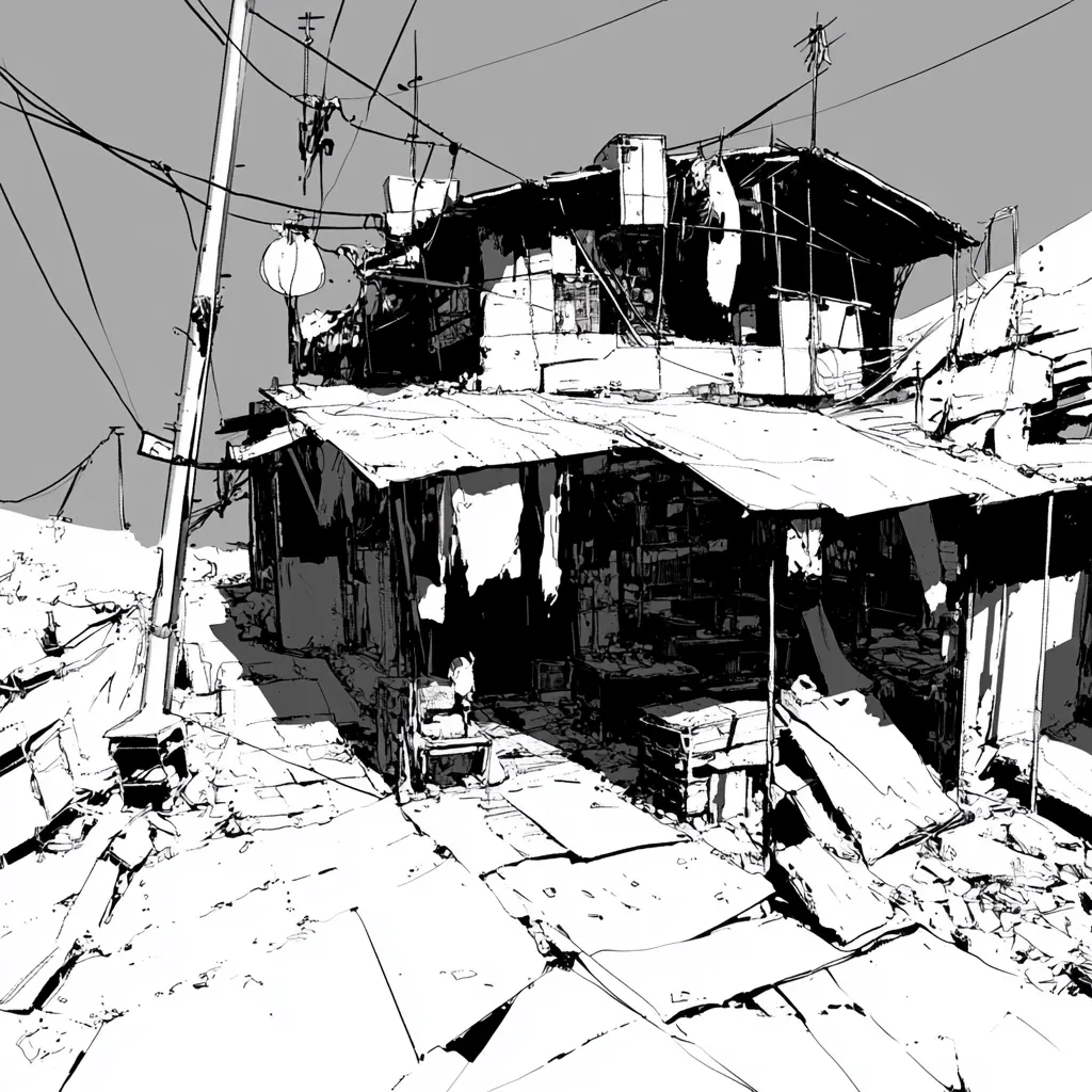 A stark black and white illustration depicts a dilapidated shack in a desolate, possibly post-apocalyptic setting.  The structure is ramshackle, with makeshift additions and laundry hanging outside.  The surrounding ground is littered with debris and rubble, conveying a sense of poverty and decay.  Power lines crisscross overhead, adding to the overall atmosphere of neglect.  A lone figure is barely visible, adding to the feeling of isolation.