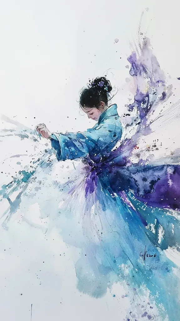 A watercolor painting depicts a woman in a flowing blue and purple hanbok, a traditional Korean dress.  Her posture suggests a graceful movement, perhaps a dance.  The colors are soft and ethereal, blending into a background of splashes and washes, creating a sense of fluidity and motion. The overall effect is serene and dreamlike.