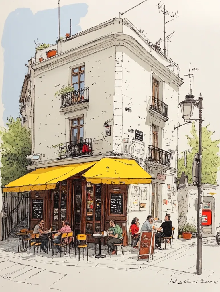 A vibrant street scene showcases a corner building with a yellow awning café. Patrons are seated at outdoor tables, enjoying their time.  The building's architecture is detailed, with balconies and plants adding character.  A streetlamp and some greenery complete the lively urban sketch, rendered in a style that blends pen and watercolor techniques. The artist's signature is visible in the bottom right corner.