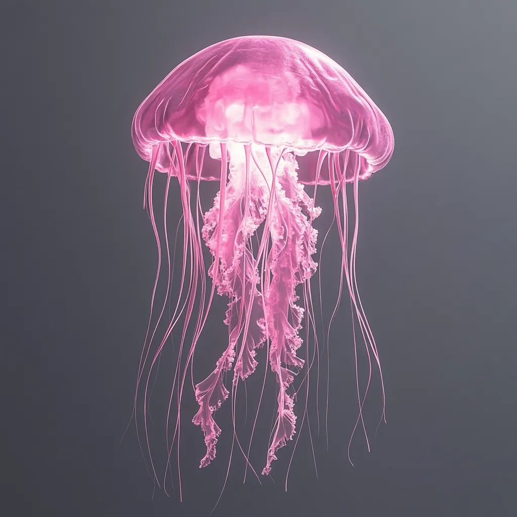 A translucent pink jellyfish floats against a dark gray background.  Its bell is a softly glowing dome, from which numerous delicate, flowing tentacles trail downwards.  The tentacles are ruffled and layered, creating a graceful, ethereal appearance. The overall image is one of serene beauty and underwater mystery.