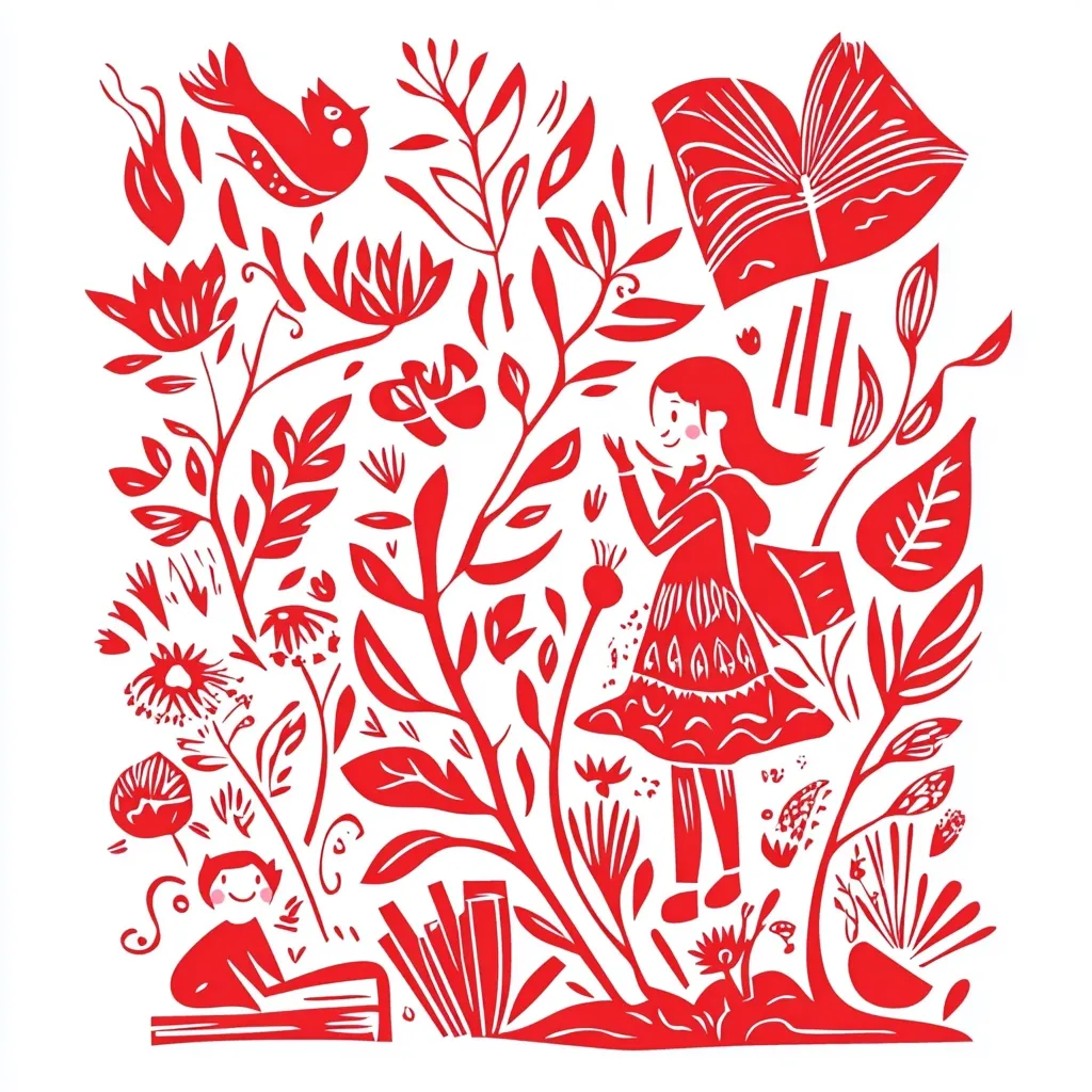 A vibrant red illustration depicts a girl amidst a flourishing garden of stylized plants and flowers.  A bird flies overhead, and open books float nearby.  A smaller child sits reading at the base, surrounded by more books.  The style is reminiscent of folk art or paper cutouts, creating a whimsical and enchanting scene.  The overall feeling is one of joy and the love of reading.