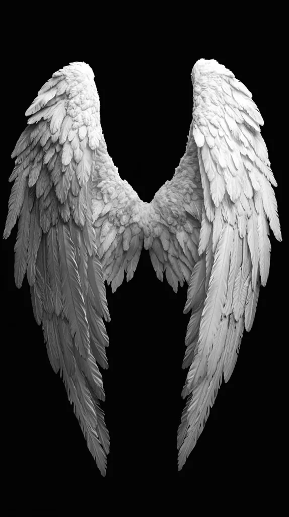 A pair of large, white angel wings are depicted against a stark black background.  The wings are intricately detailed, showing individual feathers with a soft, feathery texture.  They are presented in a symmetrical arrangement, extending from a central point, creating a visually striking image of ethereal beauty and power. The monochromatic palette enhances the dramatic effect.