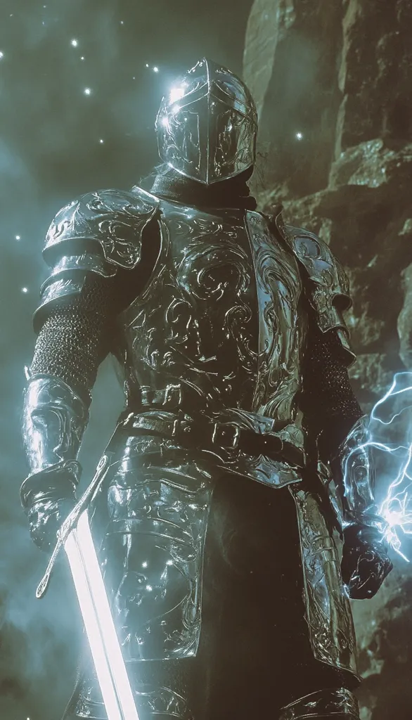 A knight in ornate, gleaming plate armor stands before a dark, rocky background.  A sword with a glowing, ethereal blade is held in one hand, while the other hand seems to command bolts of lightning.  The armor is intricately detailed, reflecting a muted, cool light. The overall atmosphere is one of power and otherworldly magic.