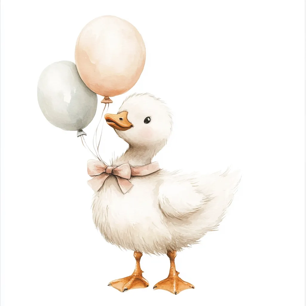 A watercolor illustration of an adorable fluffy white duckling holding two pastel-colored balloons.  The duckling wears a delicate pink bow. The scene is simple and charming, perfect for children's books or nursery decor. The light colors and soft lines create a gentle and whimsical feel.