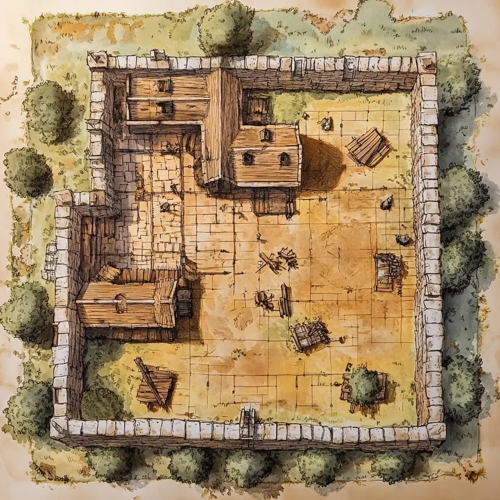 An overhead watercolor illustration depicts a square courtyard enclosed by a stone wall.  Within, simple wooden structures, possibly sheds or outbuildings, are scattered amongst a dirt floor.  Debris and woodpiles suggest recent activity or neglect.  Green shrubbery frames the exterior wall, completing the scene.  The style evokes a rustic, possibly medieval, setting.
