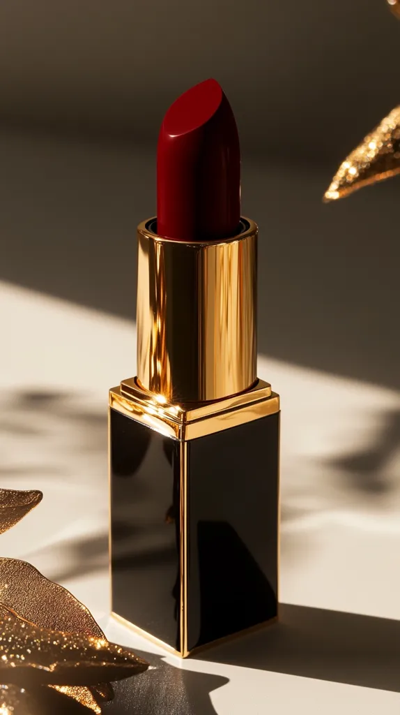 A tube of dark red lipstick stands upright, its golden casing gleaming under soft light. The lipstick is encased in a sleek, black square base with gold trim, creating a sophisticated and luxurious look.  The image is styled with gold leaf accents, adding to the opulent feel.  The setting suggests high-end cosmetics and beauty.