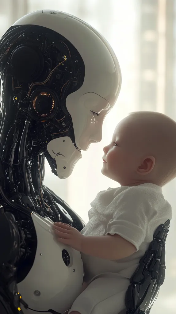 A futuristic robot, with exposed wiring and a sleek white head, gently cradles a baby.  The robot's face displays a soft expression as it leans towards the infant. The baby, dressed in a simple white outfit, gazes up at the robot, creating a poignant image of human-robot interaction.  The scene is softly lit, emphasizing the tender moment between the two.