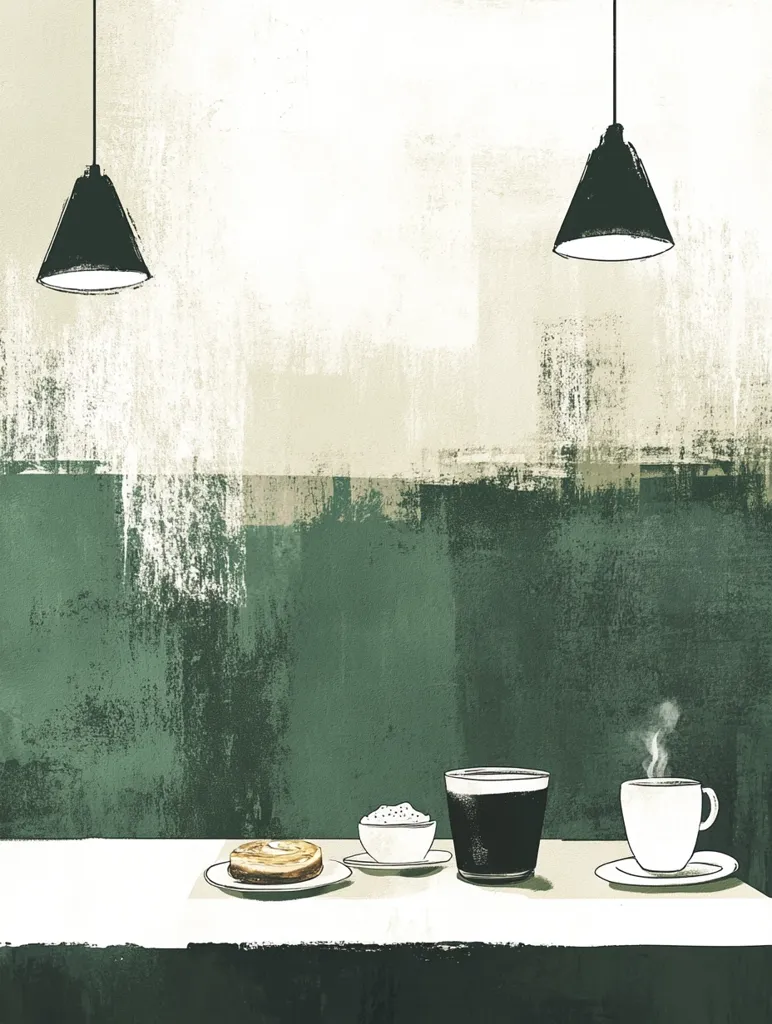 A stylized illustration depicts a minimalist café scene. Two pendant lights hang above a table with a pastry, a small bowl of cream, a pint of stout, and a cup of coffee. The background features a textured, muted green and beige wall. The overall style is simple and slightly rustic, evoking a quiet and calm atmosphere.