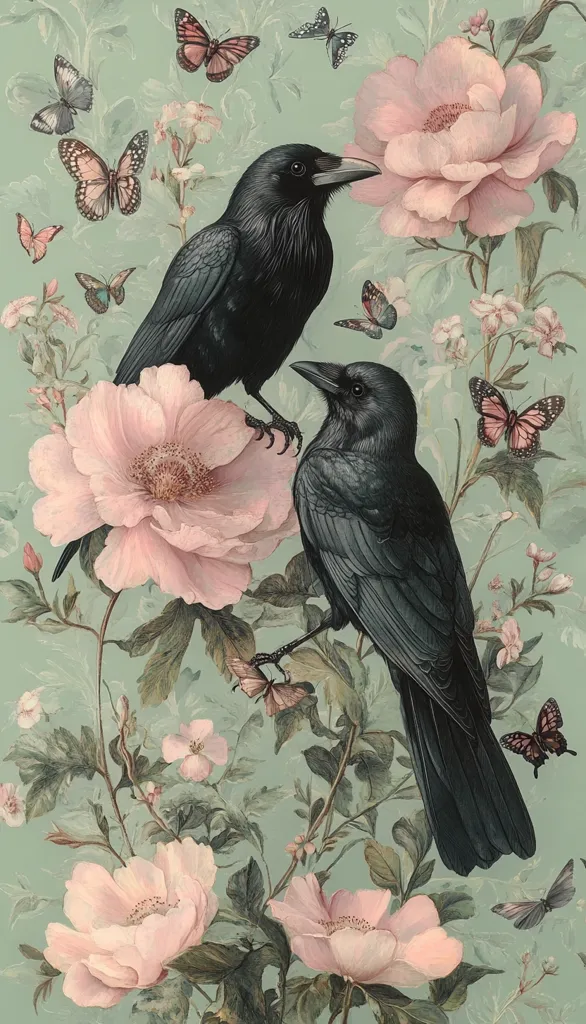 Two black crows are perched amidst a lush arrangement of pale pink roses and delicate green foliage.  Butterflies of various colors flutter around them, adding to the dreamy, ethereal atmosphere. The overall aesthetic is soft, romantic, and slightly gothic, creating a captivating contrast between the dark birds and the pastel blossoms.  The muted green background enhances the floral and avian details.