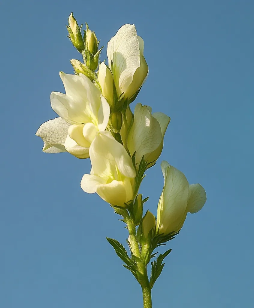 A delicate pale yellow flower, possibly a type of pea or legume, reaches upward against a clear blue sky.  Several blossoms cluster along the stem, some fully open, others still in bud. The sunlight highlights the soft petals and the vibrant green of the plant's stalk and leaves. The overall impression is one of gentle beauty and natural elegance.