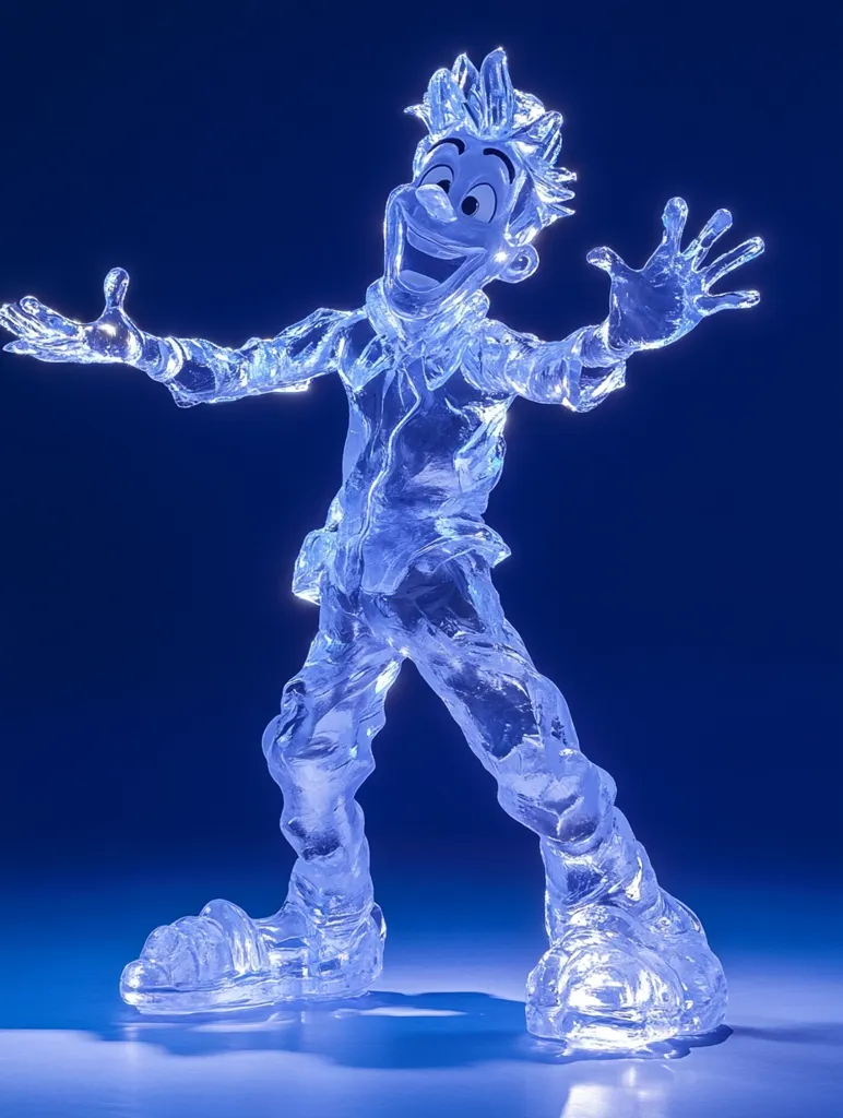 A translucent, ice-like sculpture depicts a joyful cartoon character.  The figure, with spiky hair and a wide grin, stands with arms outstretched in a welcoming pose.  Its form is detailed, showcasing textured clothing and footwear, all crafted from a luminous, seemingly frozen material.  The blue background enhances the sculpture's ethereal quality.
