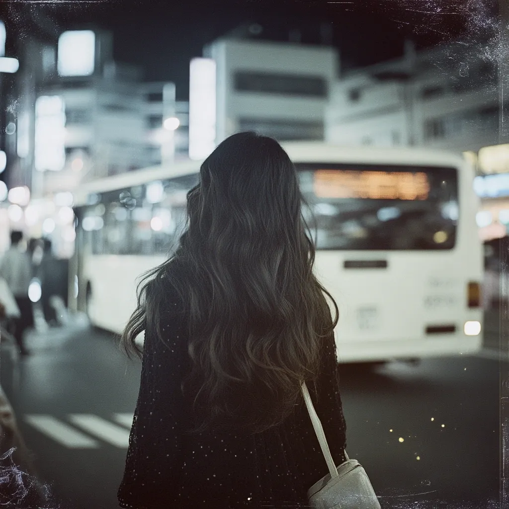 A woman with long, dark hair stands with her back to the camera, in a city street at night.  She's wearing a dark, possibly sequined, top and carries a light-colored bag.  A city bus is visible in the background, blurred, suggesting movement and a sense of urban life. The overall tone is moody and atmospheric.