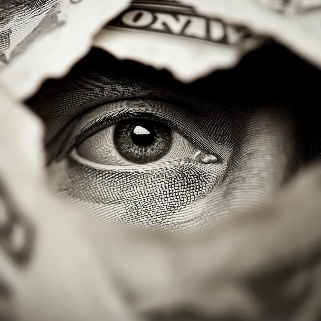 A close-up, black and white image shows a single eye peering through a torn US dollar bill.  The eye is sharp in focus, contrasting with the blurred edges of the bill.  The image creates a sense of secrecy and the hidden nature of wealth or power, symbolized by the eye's intense gaze obscured by money. The texture of the bill and the eye are strikingly similar.