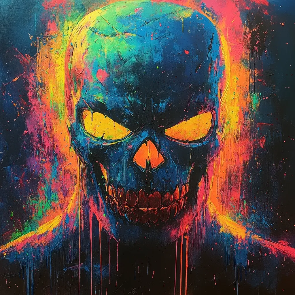 A vibrant, abstract painting depicts a skull in bold, contrasting colors.  The skull's features are emphasized with bright orange and yellow highlights against a predominantly dark blue and teal base.  Surrounding the skull is a chaotic spray of paint in various shades of orange, yellow, green, and blue, creating a dynamic and energetic effect. The style is expressive and evokes a feeling of intensity and power.
