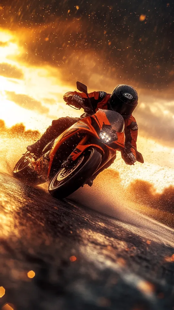 A motorcyclist leans into a turn on a wet road, splashing water as they navigate the curve.  The setting sun casts a warm, golden light against a dramatic sky, creating a visually striking scene.  The rider's orange motorcycle is the focal point, emphasized by the dynamic spray of water.  The overall mood is one of thrilling speed and intense action.