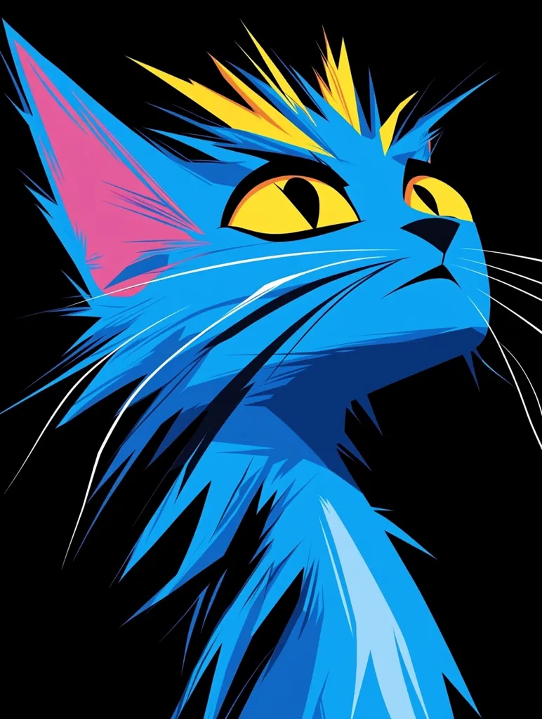 A stylized illustration of a cat, predominantly blue with vibrant yellow eyes and pink inner ears.  Its fur is depicted with sharp, angular lines, creating a dynamic and edgy look. The cat's head is tilted upwards, giving it an inquisitive or alert expression. The background is a solid black, emphasizing the bold colors of the feline subject. The overall style is reminiscent of graphic design or pop art.