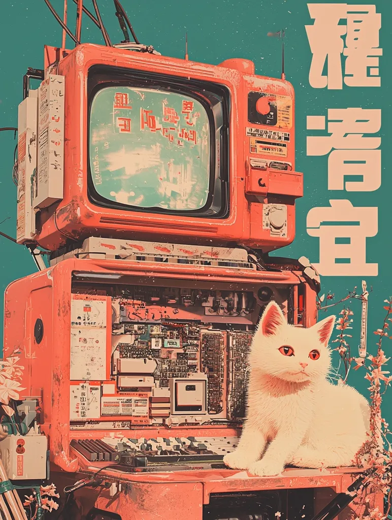 A retro-futuristic image depicts a weathered, coral-colored television set integrated with exposed computer components.  A fluffy white cat sits atop the device, its red eyes contrasting with the vintage aesthetic.  Japanese characters are prominently displayed, adding to the scene's nostalgic and slightly surreal atmosphere.  The overall style blends cyberpunk and vaporwave elements, creating a unique visual blend.