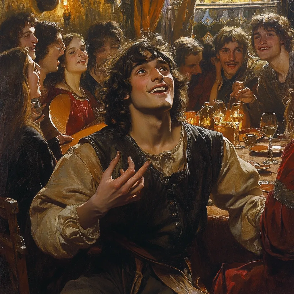 A young man with curly brown hair sits at a table amongst a group of people.  He is smiling and looking upward, his hand gesturing expressively.  The others appear to be enjoying a festive gathering, with wine glasses and a lute visible. The scene is richly detailed, with warm lighting and the atmosphere of a medieval tavern.  The painting’s warm tones and attention to detail create a sense of intimacy and joy.
